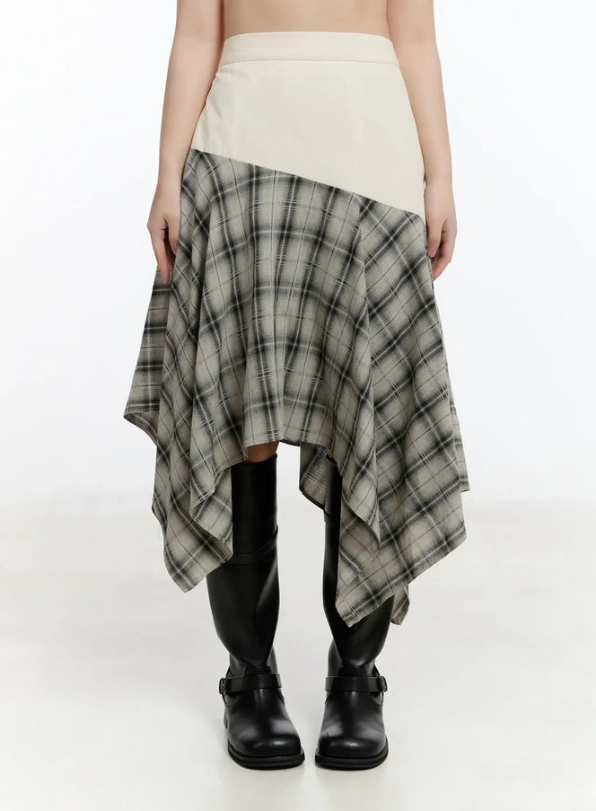 plaid-layered-asymmetric-skirt-f516 / Light beige